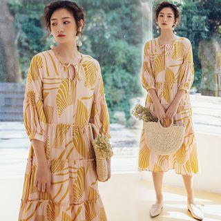 Balloon-sleeve Printed Midi A-line Dress