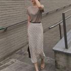 Short-sleeve Knit Top / Dotted Chiffon Midi Pencil Skirt