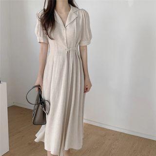 Puff-sleeve Open-collar Tie-waist Midi A-line Shirtdress