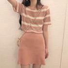 Set: Short-sleeve Striped Knit Top + A-line Mini Skirt Top - Dark Pink - One Size / Skirt - Dark Pink - One Size
