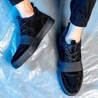 Genuine Leather Panel Platform Lace-up Casual Shoes