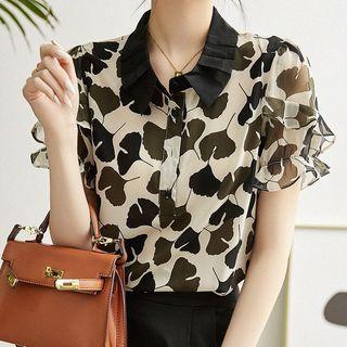 Short-sleeve Gingko Print Ruffled Blouse