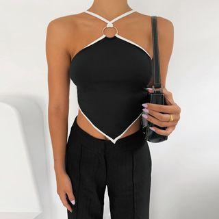 Halter-neck Contrast Trim Cropped Camisole Top