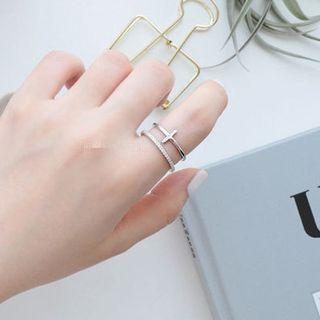 925 Sterling Silver Rhinestone Cross Layered Open Ring Silver - One Size