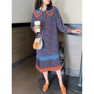 Leopard Print Accordion Pleat Midi Chiffon Shirtdress