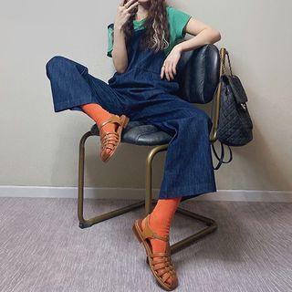 Short-sleeve Plain T-shirt / Denim Dungarees / Set