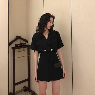 Set: Short-sleeve Double-breasted Shirt + High-waist Skort
