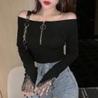 Front-zip Off-shoulder Long-sleeve Top