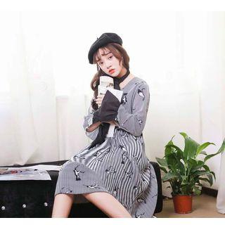 Crane Print Striped Long Sleeve Midi Dress