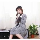 Crane Print Striped Long Sleeve Midi Dress