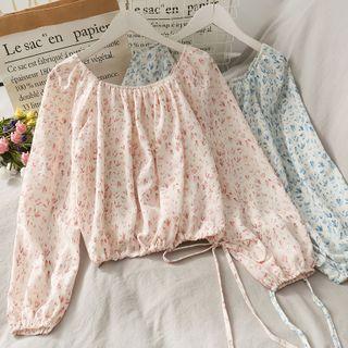 Boatneck Tie-hem Floral Loose Top