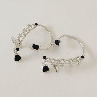 Faux Crystal Alloy Cuff Earring 1 Pair - Black & Silver - One Size