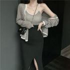 Long-sleeve Striped Cardigan + Striped Camisole / High-waist Split Hem Skirt