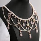 Retro Pearl Layered Necklace 1 Pc - Necklace With Box - Pink & Gold & White - One Size