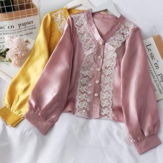 Lace-trim Loose-fit Satin Blouse