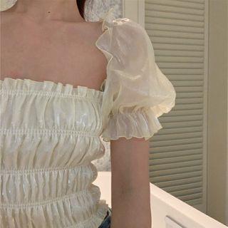 Puff-sleeve Ruffle Trim Shirred Cropped Blouse