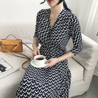 3/4-sleeve Patterned Wrap-front Long Dress
