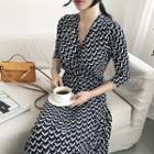 3/4-sleeve Patterned Wrap-front Long Dress