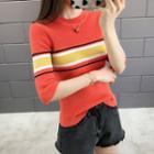 Elbow-sleeve Striped Ribbed Knit Top