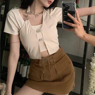 Mock Two-piece Short-sleeve Top Almond - One Size