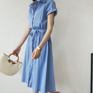 Stripe A-line Shirtdress With Sash
