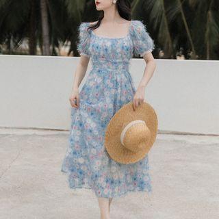 Floral Square Neck A-line Midi Dress