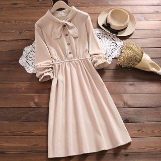 Bow Neck Long-sleeve A-line Corduroy Dress