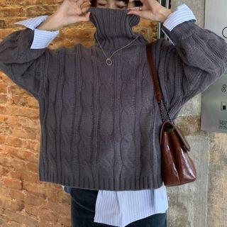 Turtleneck Cable Knit Sweater Gray - One Size