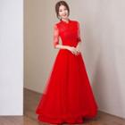Elbow Sleeve Mandarin Collar A-line Evening Gown