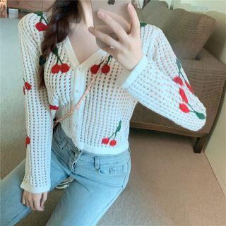 Cherry Embroidered Cropped Pointelle Knit Cardigan As Shown In Figure - One Size