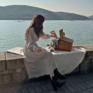 Raglan-sleeve Polka-dot Flared Long Dress