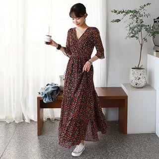 Cherry Print Long Chiffon Dress Black - One Size