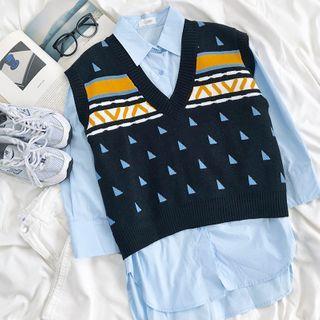 Printed V-neck Knit Vest As Shown In Figure - One Size