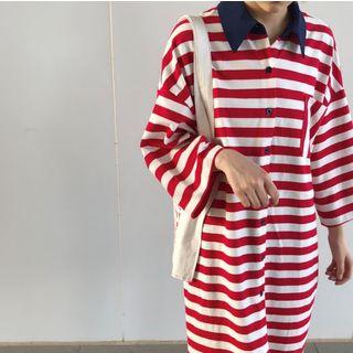 3/4-sleeve Striepd Shirt Dress