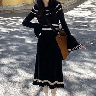 Long-sleeve Ruffle Trim Midi Sweater Dress