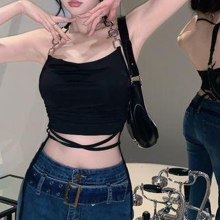 Chain Halter Lace Up Cropped Camisole Top Black - One Size