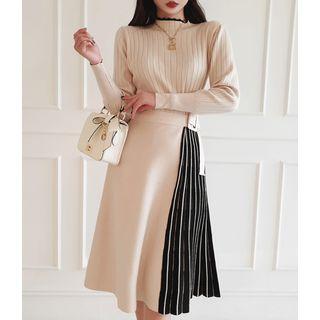 Mock-neck Striped-panel Belted Knit Dress