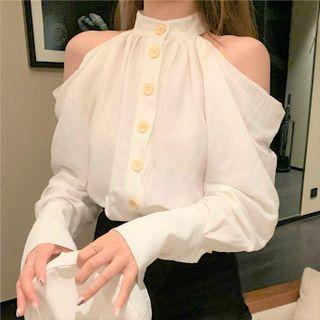 Long-sleeve Cold Shoulder Mock-neck Blouse White - One Size
