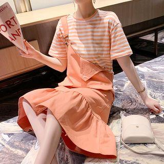 Set: Striped Short-sleeve T-shirt + Pocket Detail Jumper Dress