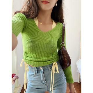 Two-tone Panel Drawstring Knit Top