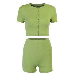 Set: Short-sleeve Button-up Crop Top + Shorts