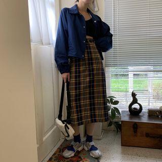 Cropped Buttoned Windbreaker / Midi Plaid Skirt