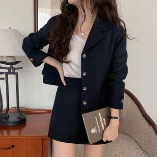 Long-sleeve Plain Cropped Blazer / High-waist Plain A-line Skirt