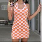 Halter-neck Plaid Knit Mini Dress