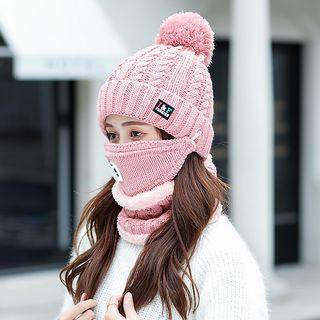 Set: Pom Pom Beanie With Mask + Knit Neck Warmer