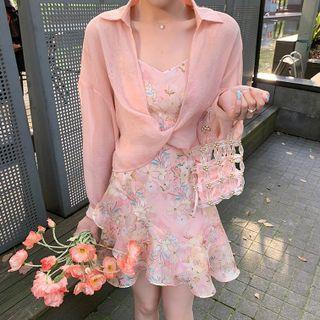 Long-sleeve Plain Knotted Chiffon Cardigan / Spaghetti-strap Ruffle Trim Floral Dress / Short-sleeve Bow Floral Dress