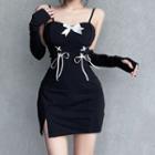 Set: Spaghetti Strap Lace-up Mini Bodycon Dress + Arm Sleeves