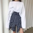 Long-sleeve T-shirt / Plaid Waist-tie Mini Skirt / Set