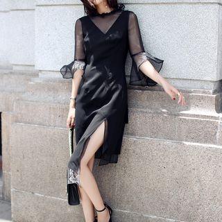 Organza Bell-sleeve Asymmetric Sheath Dress