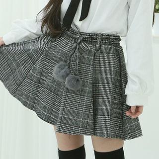 Glen-plaid Swing Miniskirt With Pompom One Size